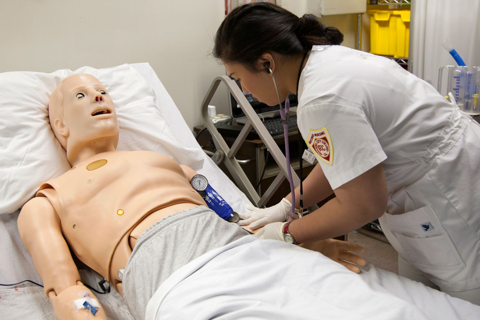 A Registered Nursing student gets practical training during class. 