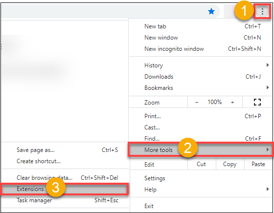 Go to Customize and Control Google Chrome (three dots in the upper right of the browser)&nbsp;>&nbsp;More tools > Extensions