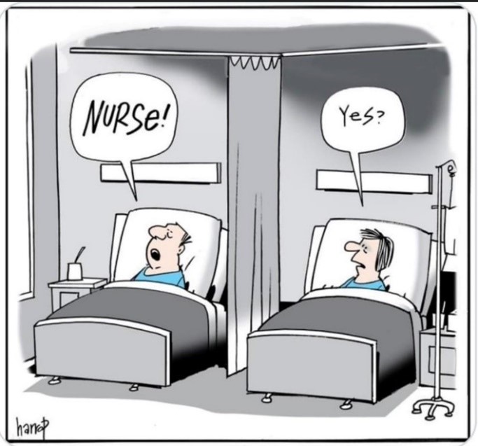 “Two hospital patients, separated by a curtain. One calls out “Nurse”. The other answers “Yes?”. The healthcare personnel that patients depend on are now often also sick.”