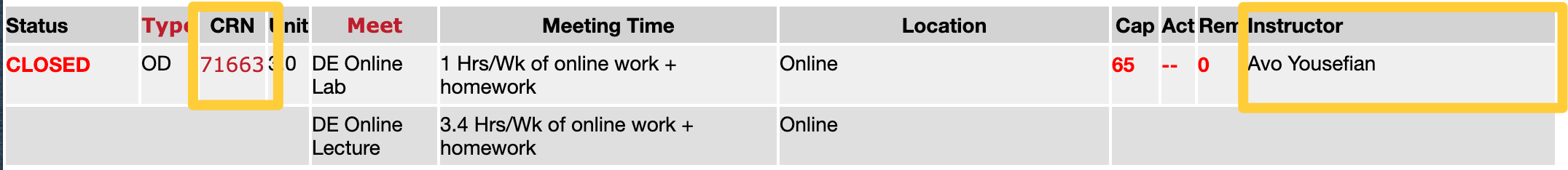 Once you find the course, copy down the CRN number and Instructor name